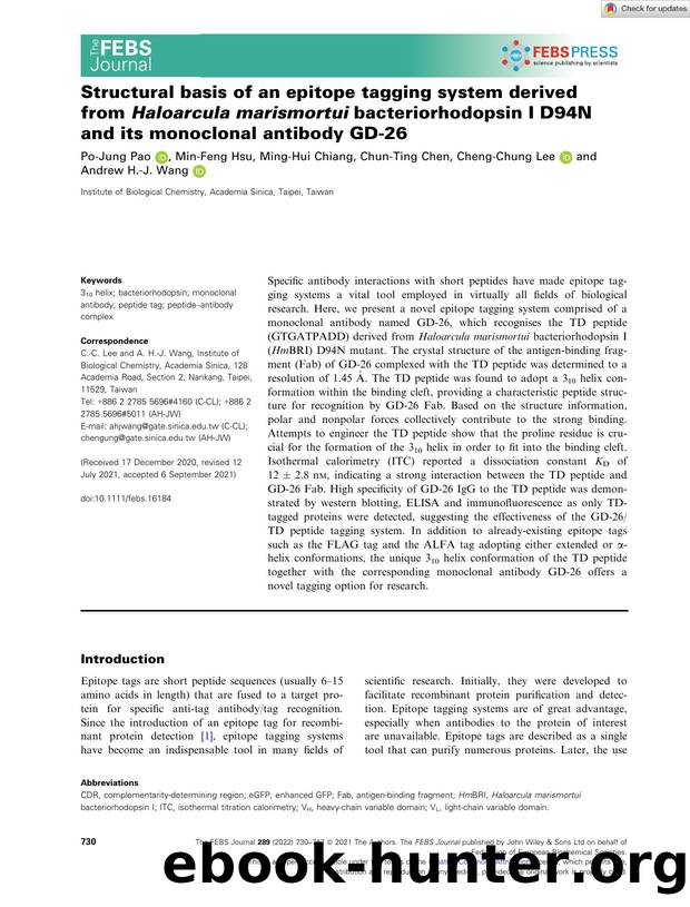 Structural basis of an epitope tagging system derived from Haloarcula marismortui bacteriorhodopsin I D94N and its monoclonal antibody GDâ26 by Unknown