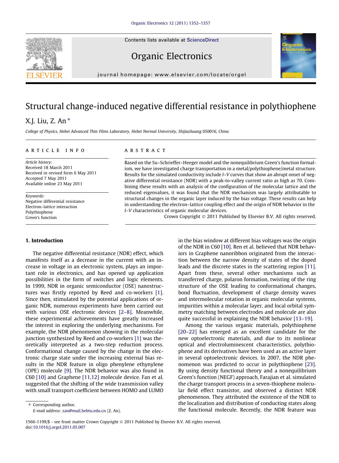 Structural change-induced negative differential resistance in polythiophene by X.J. Liu & Z. An