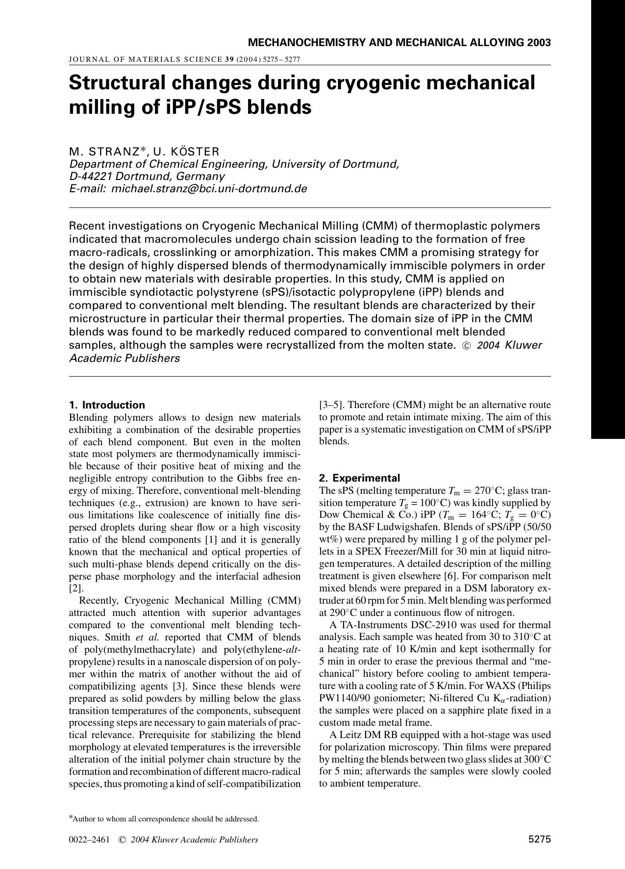 Structural changes during cryogenic mechanical milling of iPPsPS blends by Unknown