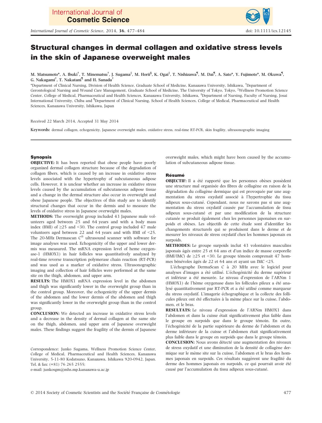 Structural changes in dermal collagen and oxidative stress levels in the skin of Japanese overweight males by Unknown