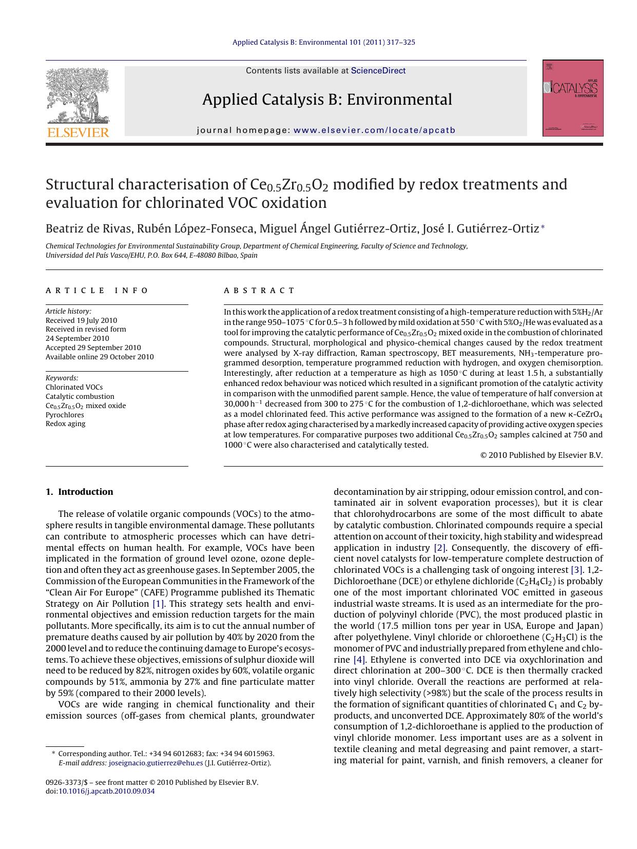 Structural characterisation of Ce0.5Zr0.5O2 modified by redox treatments and evaluation for chlorinated VOC oxidation by Beatriz de Rivas