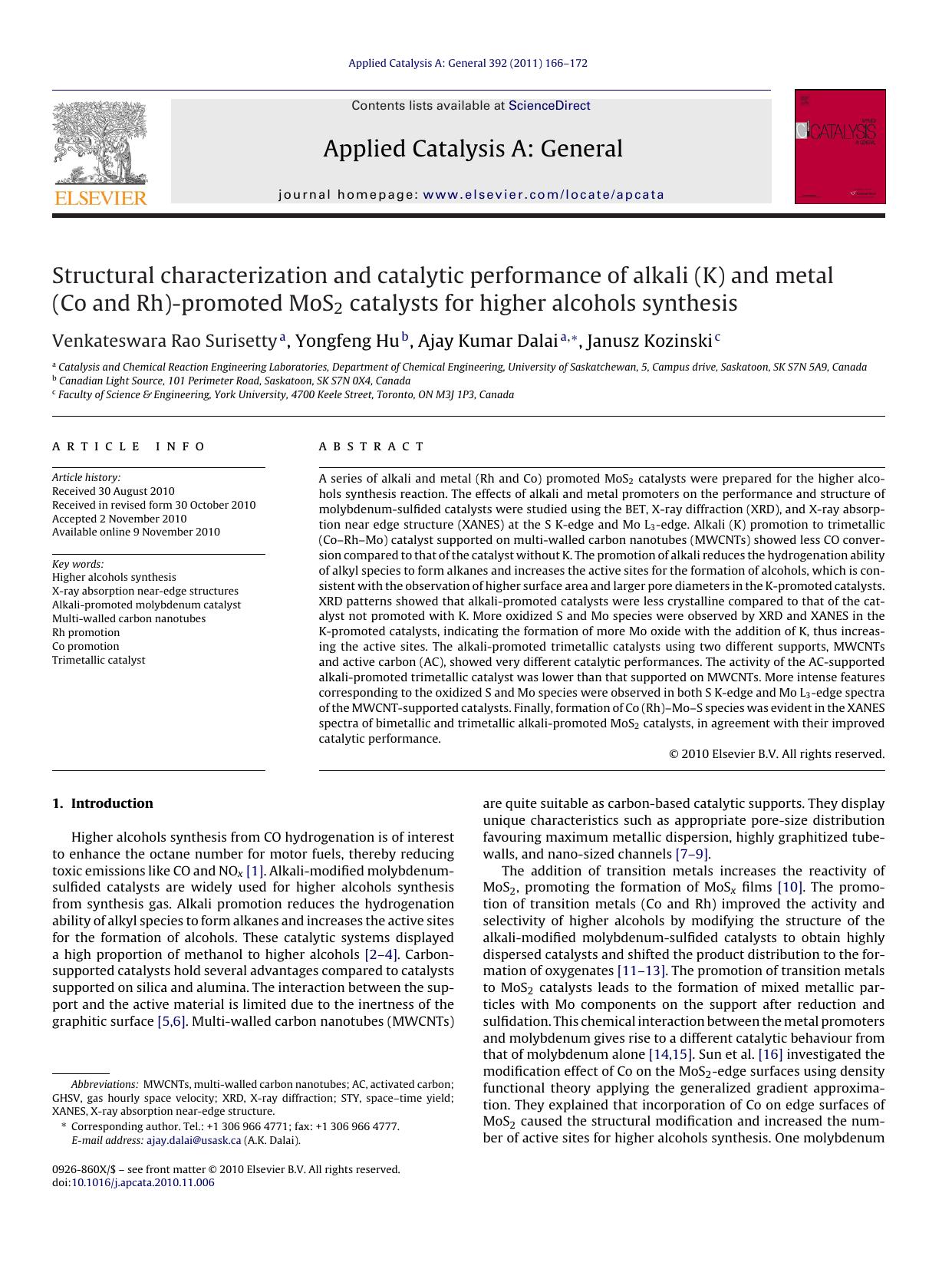 Structural characterization and catalytic performance of alkali (K) and metal (Co and Rh)-promoted MoS2 catalysts for higher alcohols synthesis by Venkateswara Rao Surisetty