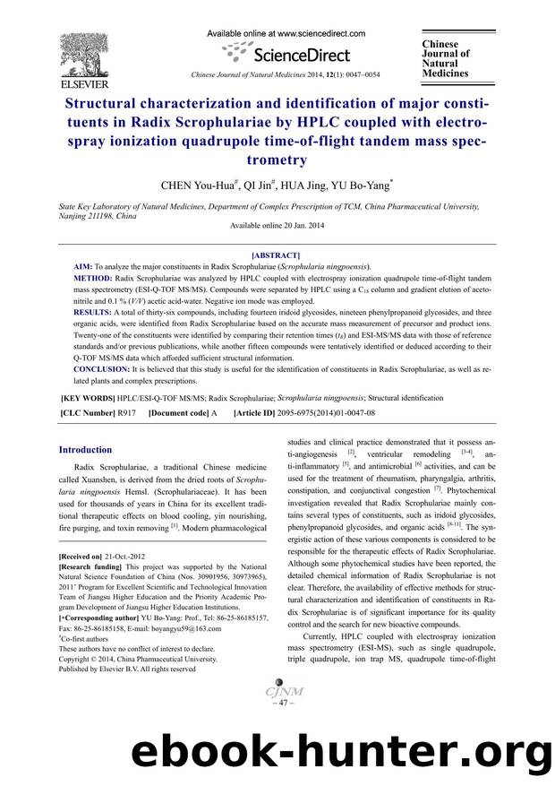 Structural characterization and identification of major constituents in Radix Scrophulariae by HPLC coupled with electrospray ionization quadrupole time-of-flight tandem mass spectrometry by You-Hua CHEN & Jin QI & Jing HUA & Bo-Yang YU