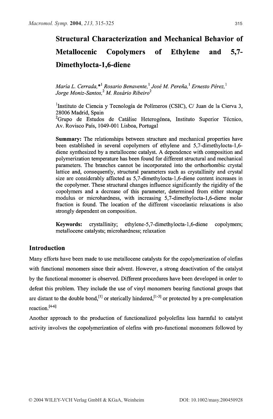 Structural characterization and mechanical behavior of metallocenic copolymers of ethylene and 5,7-dimethylocta-1,6-diene by Unknown