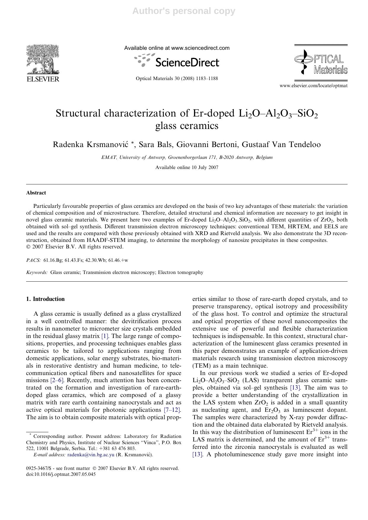 Structural characterization of Er-doped Li2O-Al2O3-SiO2 glass ceramics by Krsmanovic R. Bals S. Bertoni G. Van Tendeloo G
