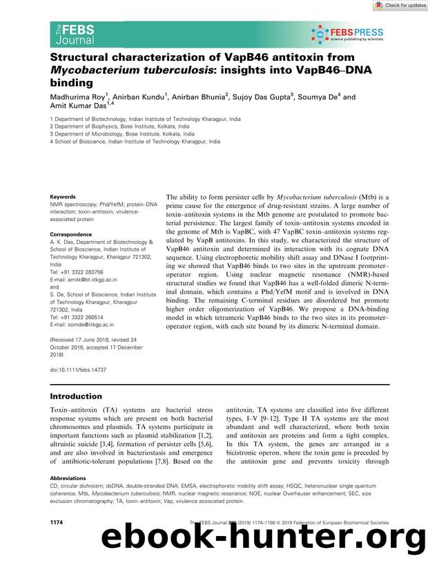 Structural characterization of VapB46 antitoxin from Mycobacterium tuberculosis: insights into VapB46âDNA binding by Unknown