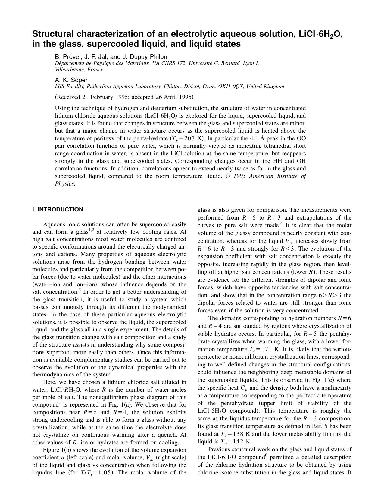 Structural characterization of an electrolytic aqueous solution, LiCl -- 6H 2 O, in the glass, supercooled liquid, and liquid states by B. Prevel & J. F. Jal & and J. Dupuy-Philon & A. K. Soper