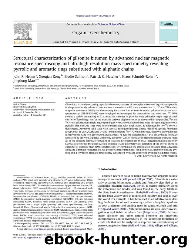 Structural characterization of gilsonite bitumen by advanced nuclear magnetic resonance spectroscopy and ultrahigh resolution mass spectrometry revealing pyrrolic and aromatic ring by unknow