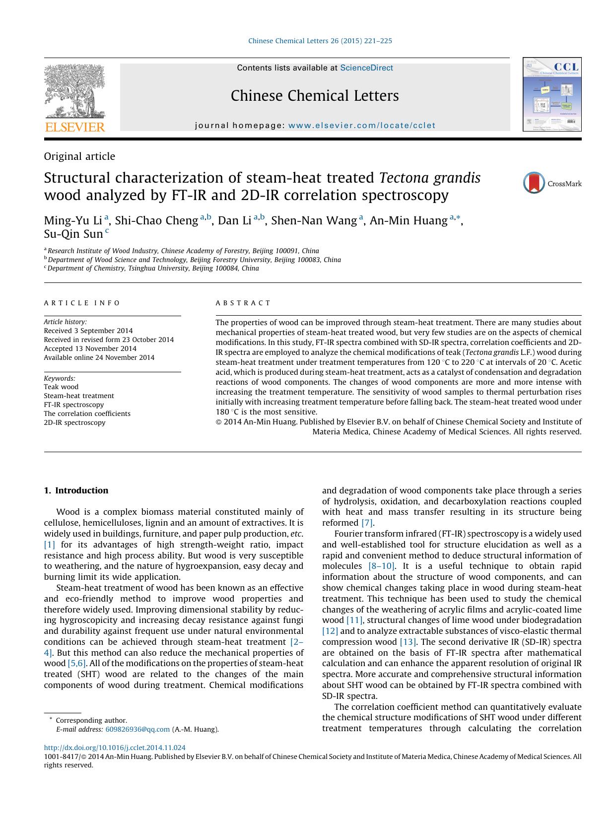 Structural characterization of steam-heat treated Tectona grandis wood analyzed by FT-IR and 2D-IR correlation spectroscopy by Ming-Yu Li & Shi-Chao Cheng & Dan Li & Shen-Nan Wang & An-Min Huang & Su-Qin Sun
