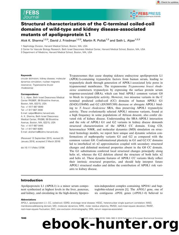 Structural characterization of the Câterminal coiledâcoil domains of wildâtype and kidney diseaseâassociated mutants of apolipoprotein L1 by Unknown