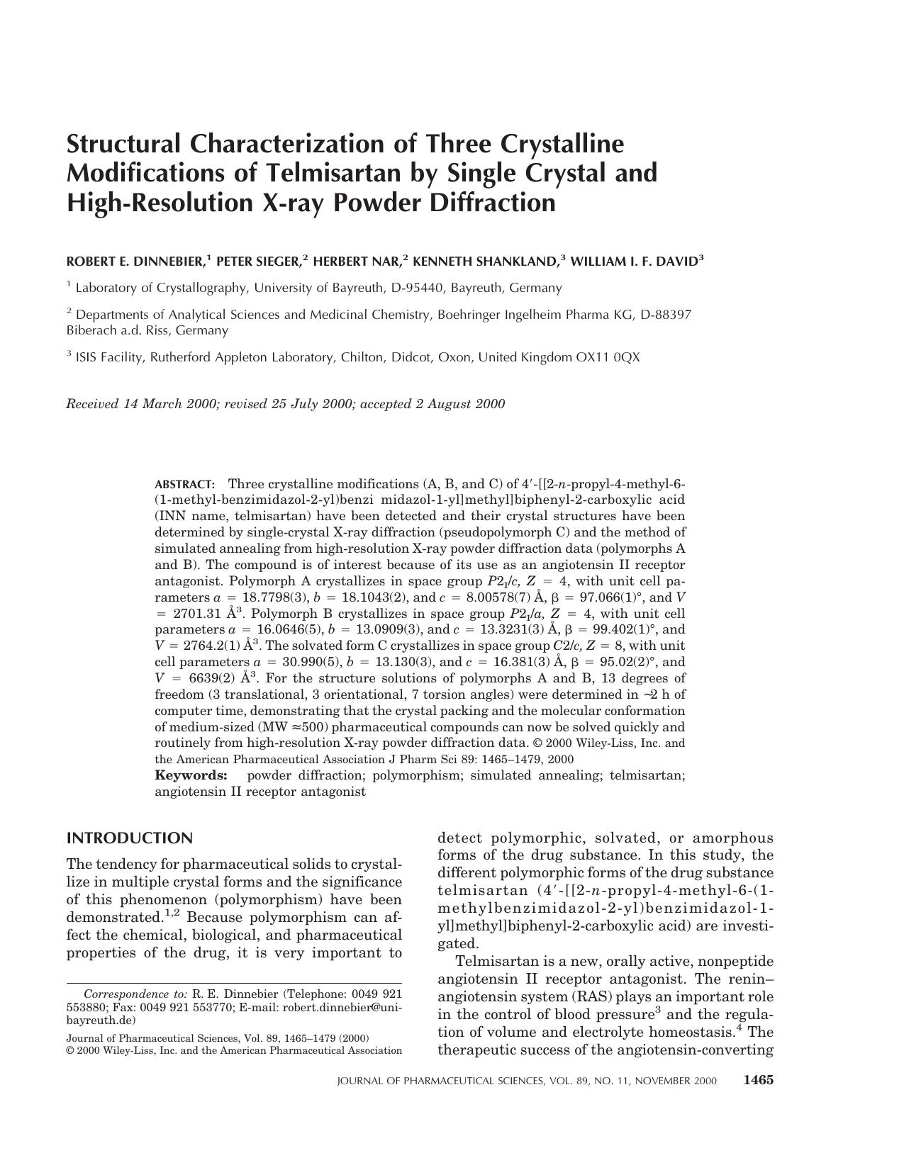 Structural characterization of three crystalline modifications of telmisartan by single crystal and high-resolution X-ray powder diffraction by Unknown