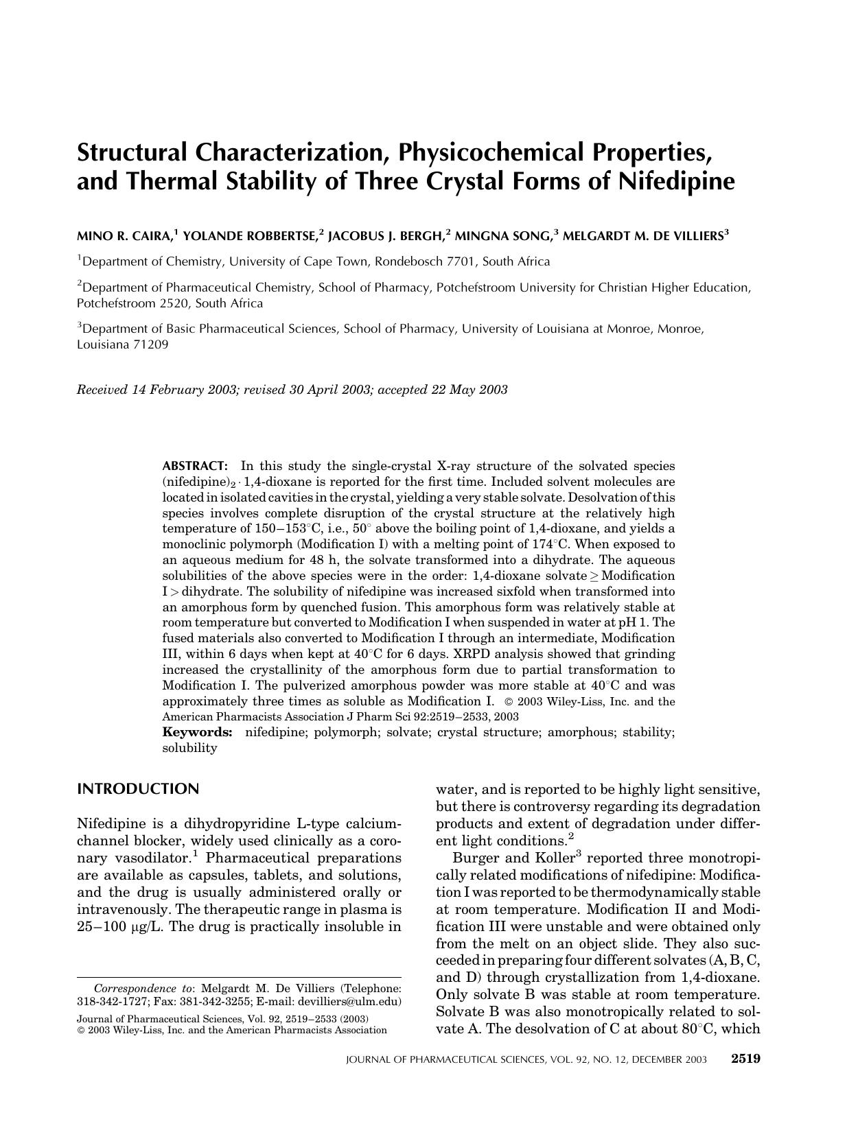 Structural characterization, physicochemical properties, and thermal stability of three crystal forms of nifedipine by Unknown