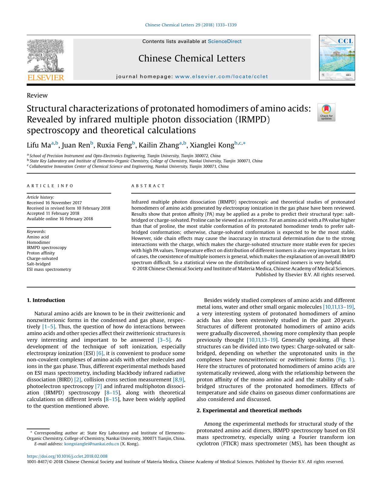 Structural characterizations of protonated homodimers of amino acids: Revealed by infrared multiple photon dissociation (IRMPD) spectroscopy and theoretical calculations by Lifu Ma & Juan Ren & Ruxia Feng & Kailin Zhang & Xianglei Kong