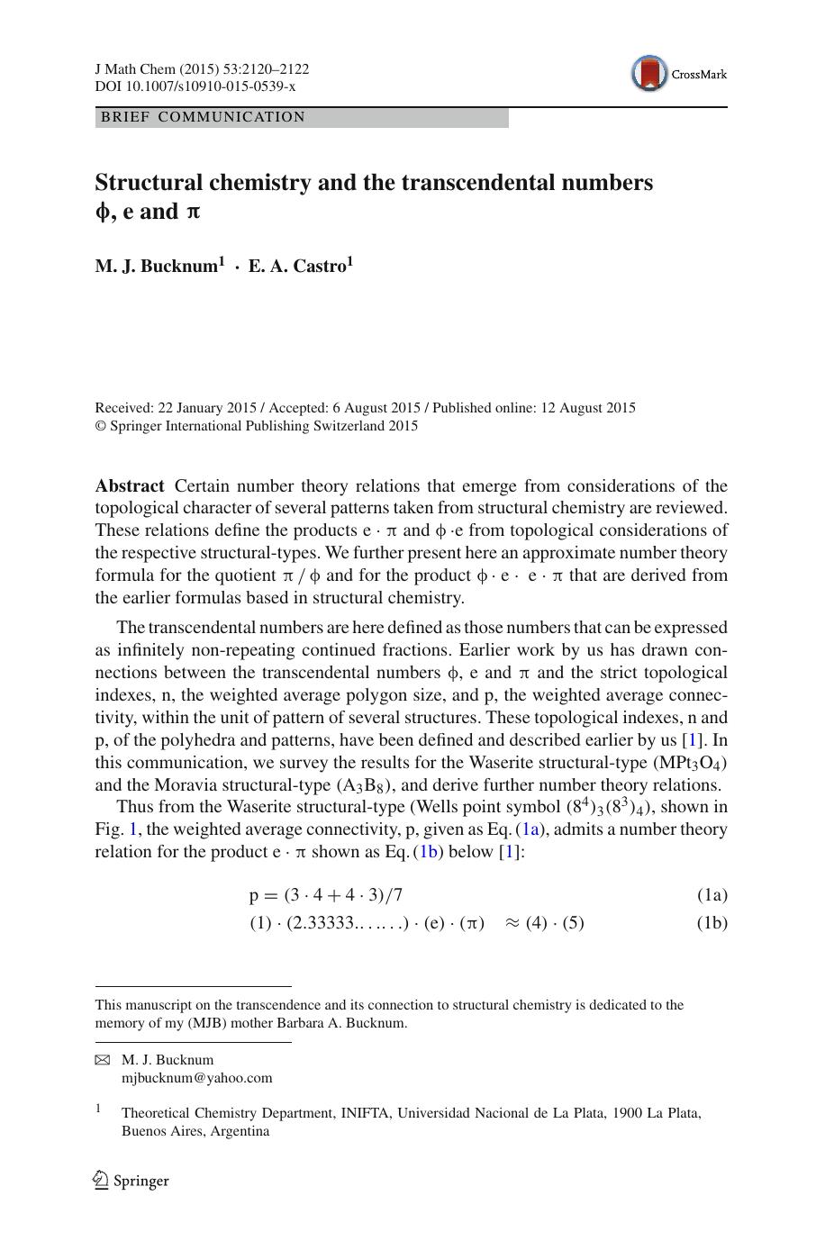 Structural chemistry and the transcendental numbers , e and by M. J. Bucknum & E. A. Castro