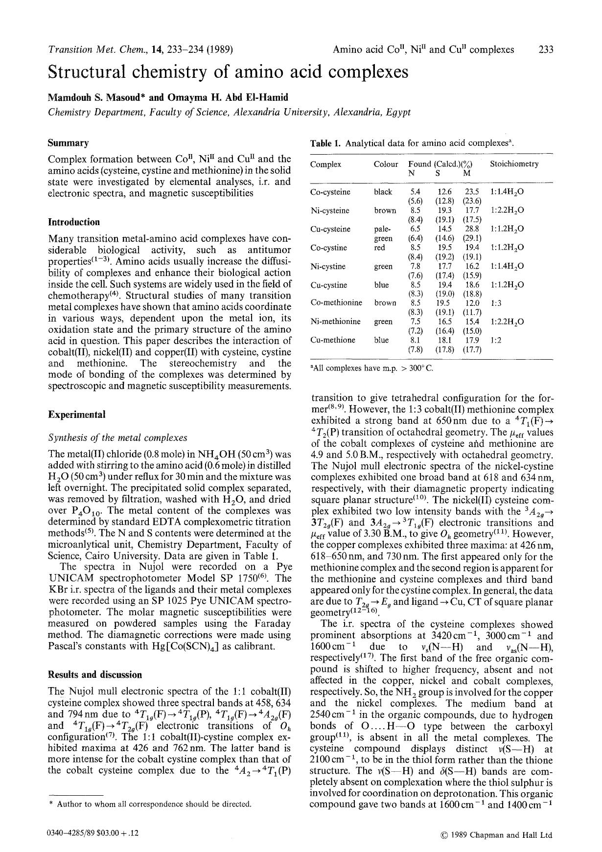 Structural chemistry of amino acid complexes by Unknown