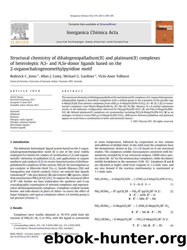 Structural chemistry of dihalogenopalladium(II) and platinum(II) complexes of heteroleptic N,S- and N,Se-donor ligands based on the 2-organochalcogenomethylpyridine motif by Roderick C. Jones & Allan J. Canty & Michael G. Gardiner & Vicki-Anne Tolhurst