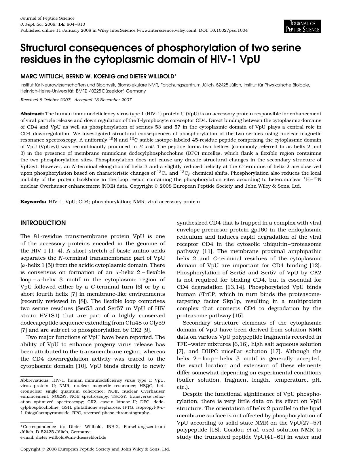 Structural consequences of phosphorylation of two serine residues in the cytoplasmic domain of HIV-1 VpU by Unknown