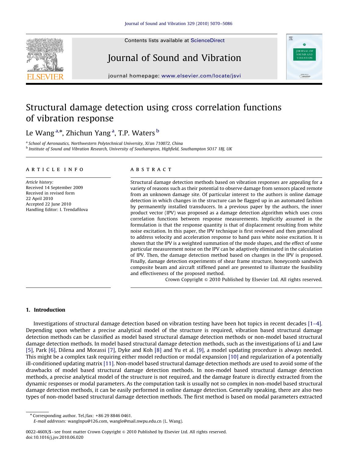 Structural damage detection using cross correlation functions of vibration response by Le Wang & Zhichun Yang & T.P. Waters