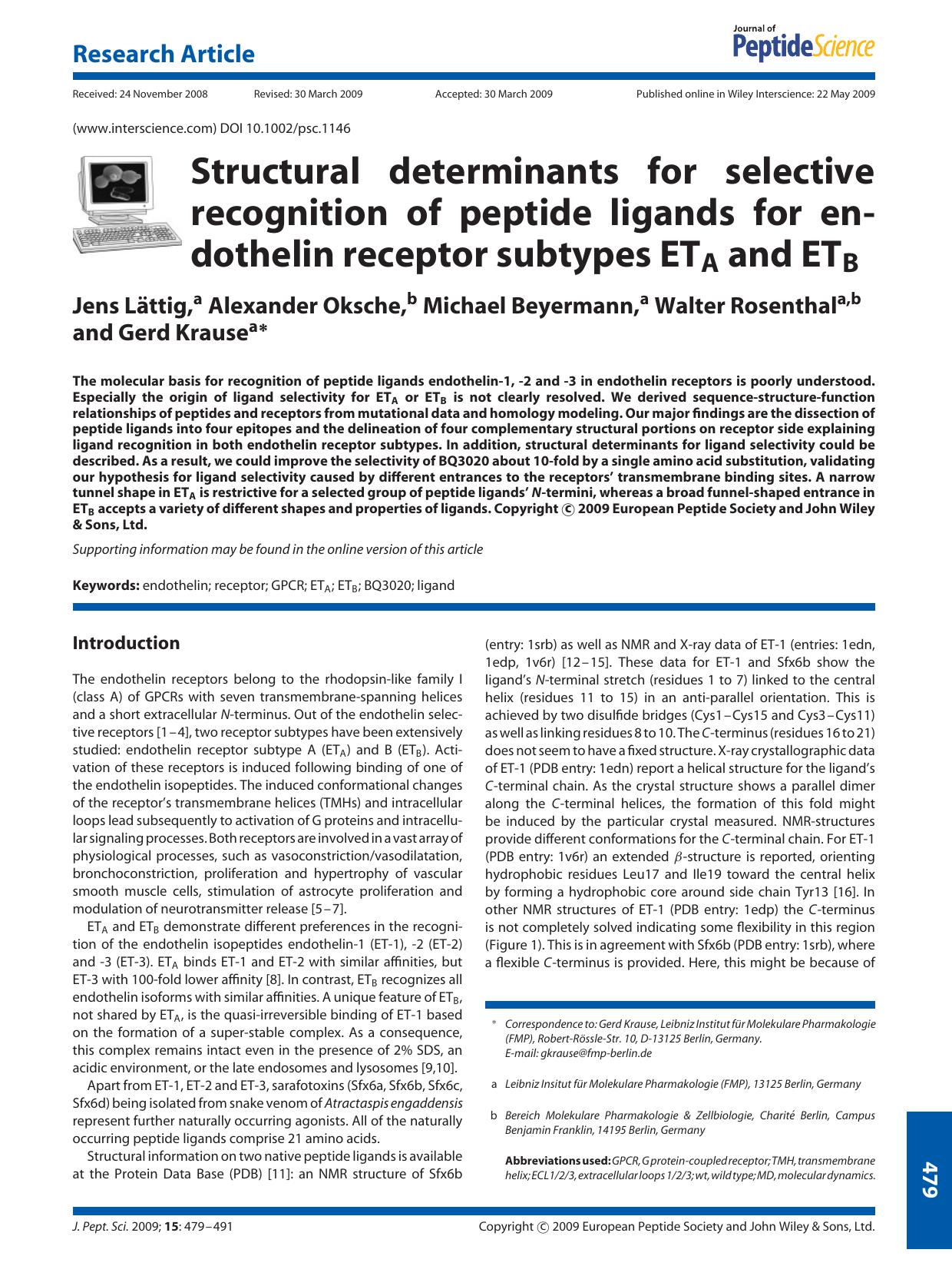 Structural determinants for selective recognition of peptide ligands for endothelin receptor subtypes ETA and ETB by Unknown