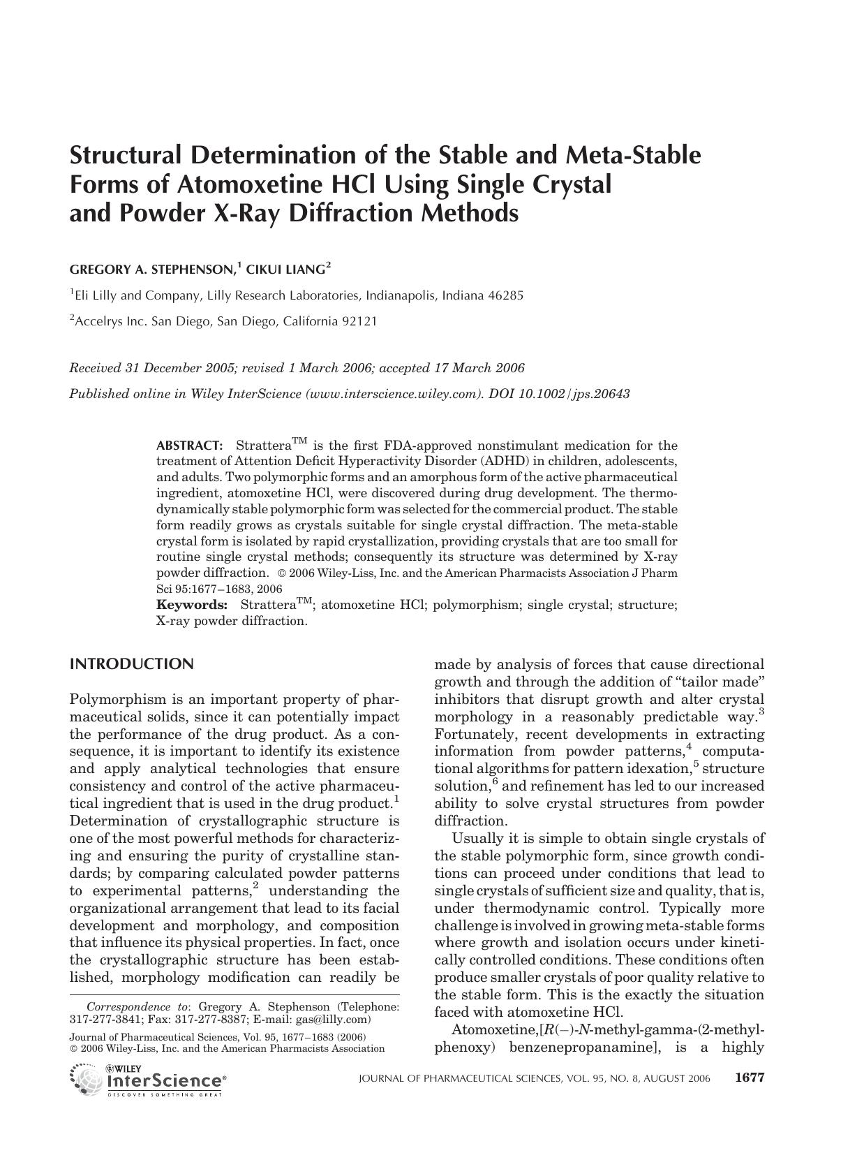 Structural determination of the stable and meta-stable forms of atomoxetine HCl using single crystal and powder X-ray diffraction methods by Unknown