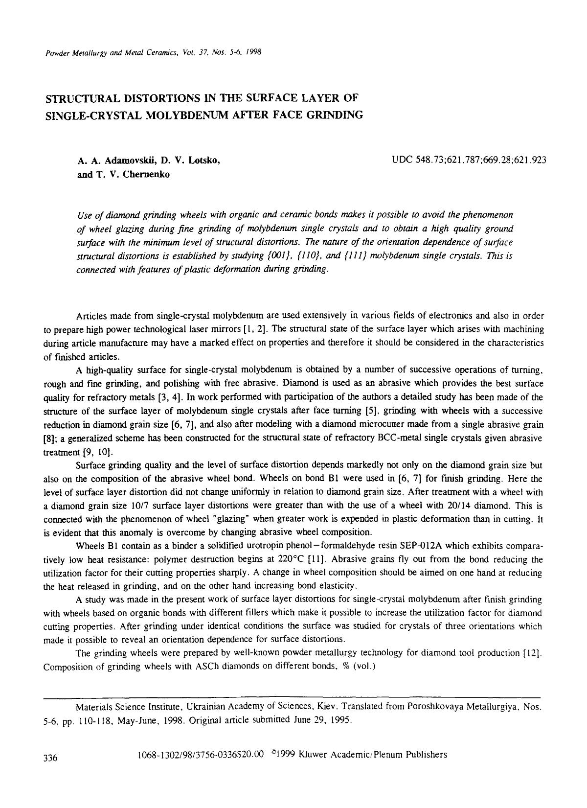 Structural distortions in the surface layer of single-crystal molybdenum after face grinding by Unknown
