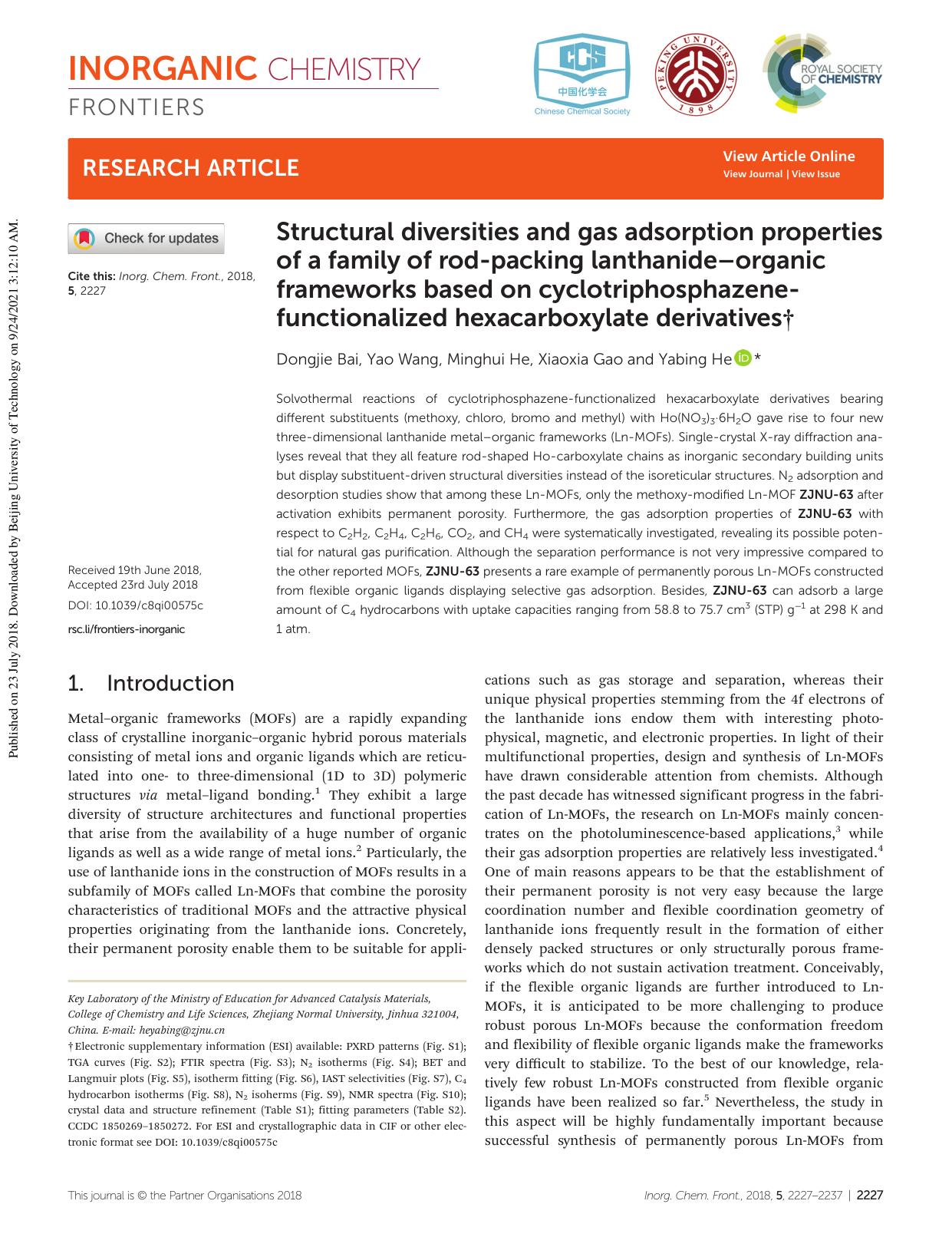 Structural diversities and gas adsorption properties of a family of rod-packing lanthanideâorganic frameworks based on cyclotriphosphazene-functionalized hexacarboxylate derivatives by Dongjie Bai Yao Wang Minghui He Xiaoxia Gao Yabing He