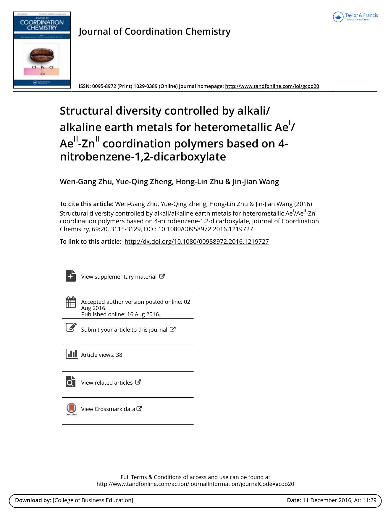 Structural diversity controlled by alkalialkaline earth metals for heterometallic AeIAeII-ZnII coordination polymers based on 4-nitrobenzene-1,2-dicarboxylate by Wen-Gang Zhu & Yue-Qing Zheng & Hong-Lin Zhu & Jin-Jian Wang