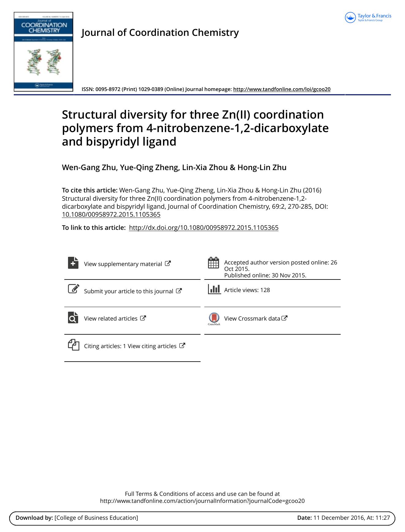 Structural diversity for three Zn(II) coordination polymers from 4-nitrobenzene-1,2-dicarboxylate and bispyridyl ligand by Wen-Gang Zhu & Yue-Qing Zheng & Lin-Xia Zhou & Hong-Lin Zhu
