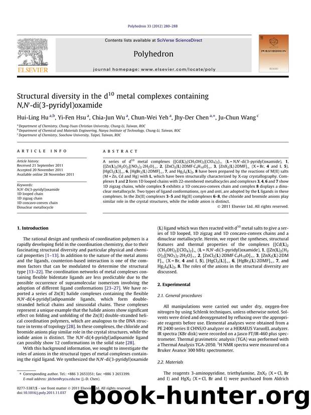 Structural diversity in the d10 metal complexes containing N,NÃ¢â¬Â²-di(3-pyridyl)oxamide by Hui-Ling Hu & Yi-Fen Hsu & Chia-Jun Wu & Chun-Wei Yeh & Jhy-Der Chen & Ju-Chun Wang