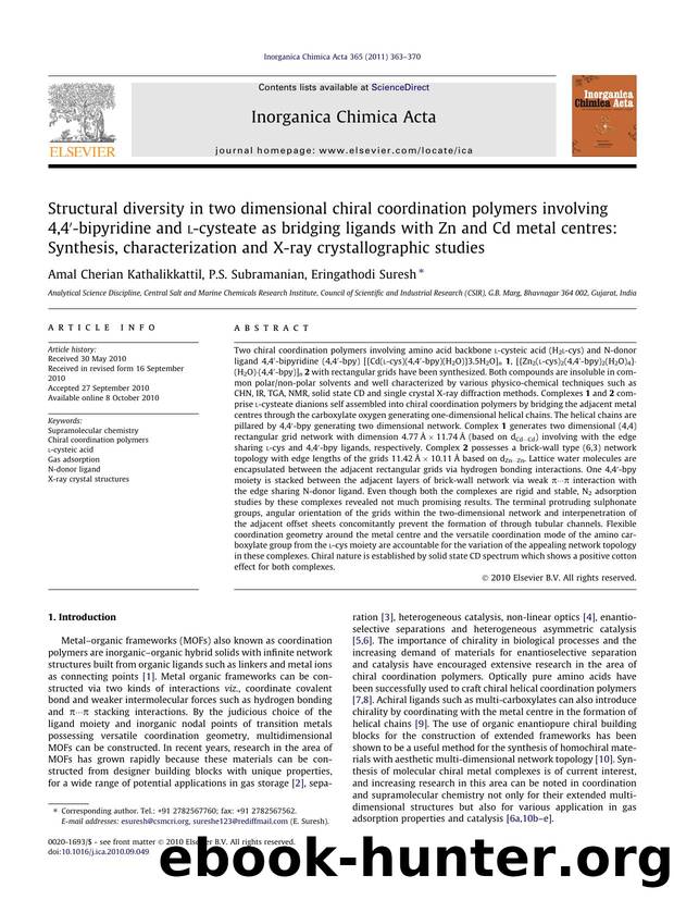 Structural diversity in two dimensional chiral coordination polymers involving 4,4Ã¢â¬Â²-bipyridine and l-cysteate as bridging ligands with Zn and Cd metal centres: Synthesis, cha by Amal Cherian Kathalikkattil & P.S. Subramanian & Eringathodi Suresh