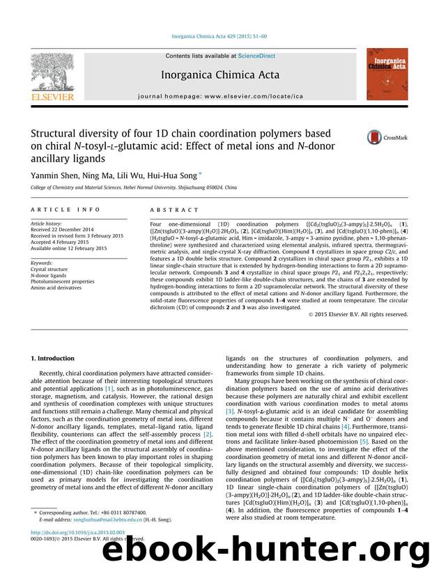 Structural diversity of four 1D chain coordination polymers based on chiral N-tosyl-L-glutamic acid: Effect of metal ions and N-donor ancillary ligands by Yanmin Shen & Ning Ma & Lili Wu & Hui-Hua Song
