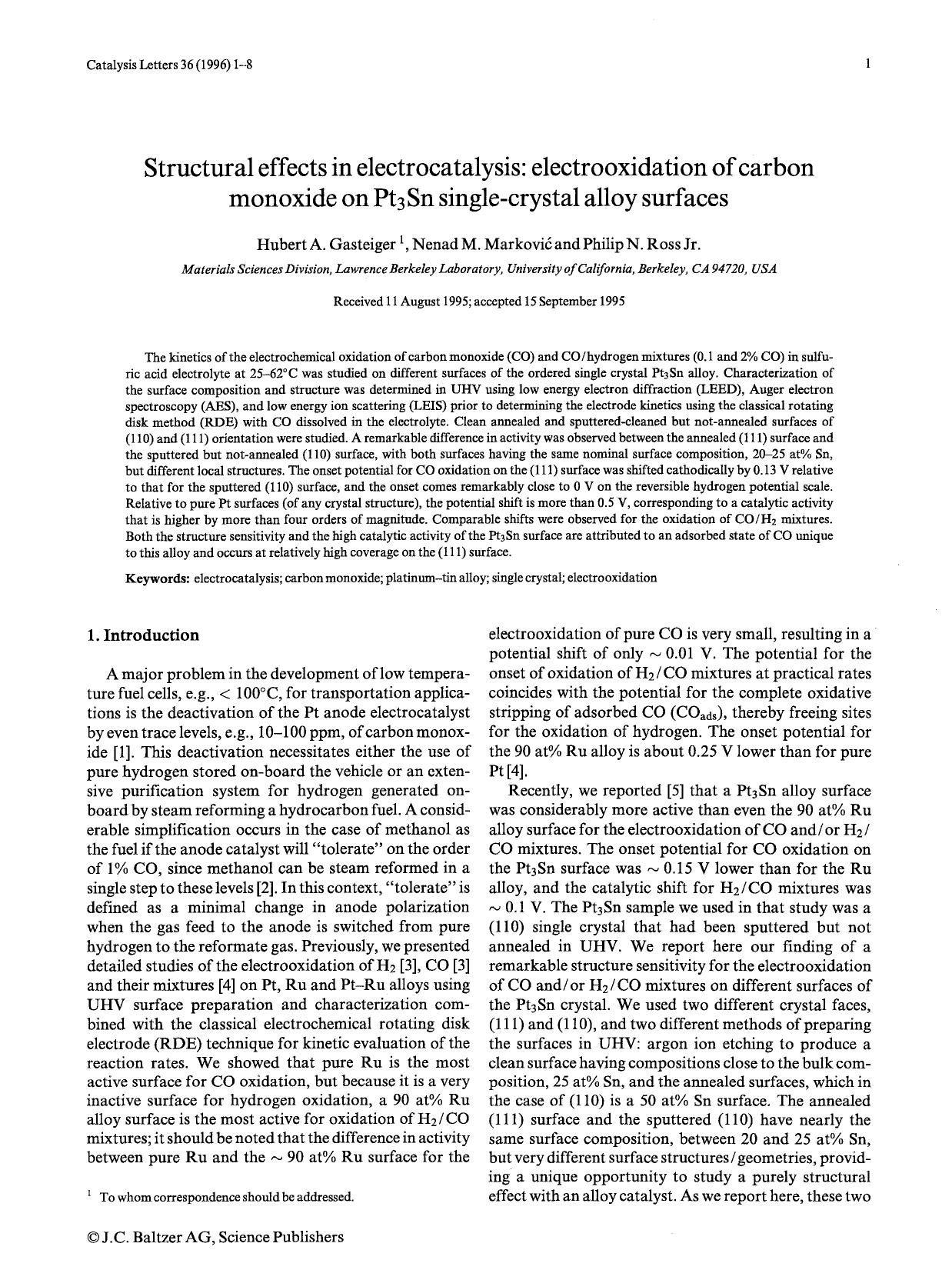 Structural effects in electrocatalysis: electrooxidation of carbon monoxide on Pt <Subscript>3 <Subscript>Sn single-crystal alloy surfaces by Unknown