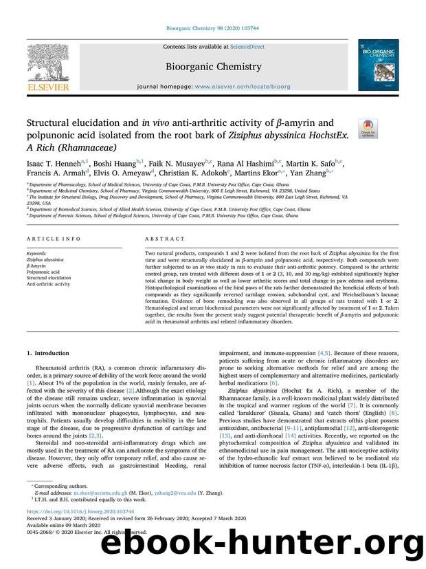 Structural elucidation and in vivo anti-arthritic activity of Î²-amyrin and polpunonic acid isolated from the root bark of Ziziphus abyssinica HochstEx. A Rich (Rhamnaceae) by unknow