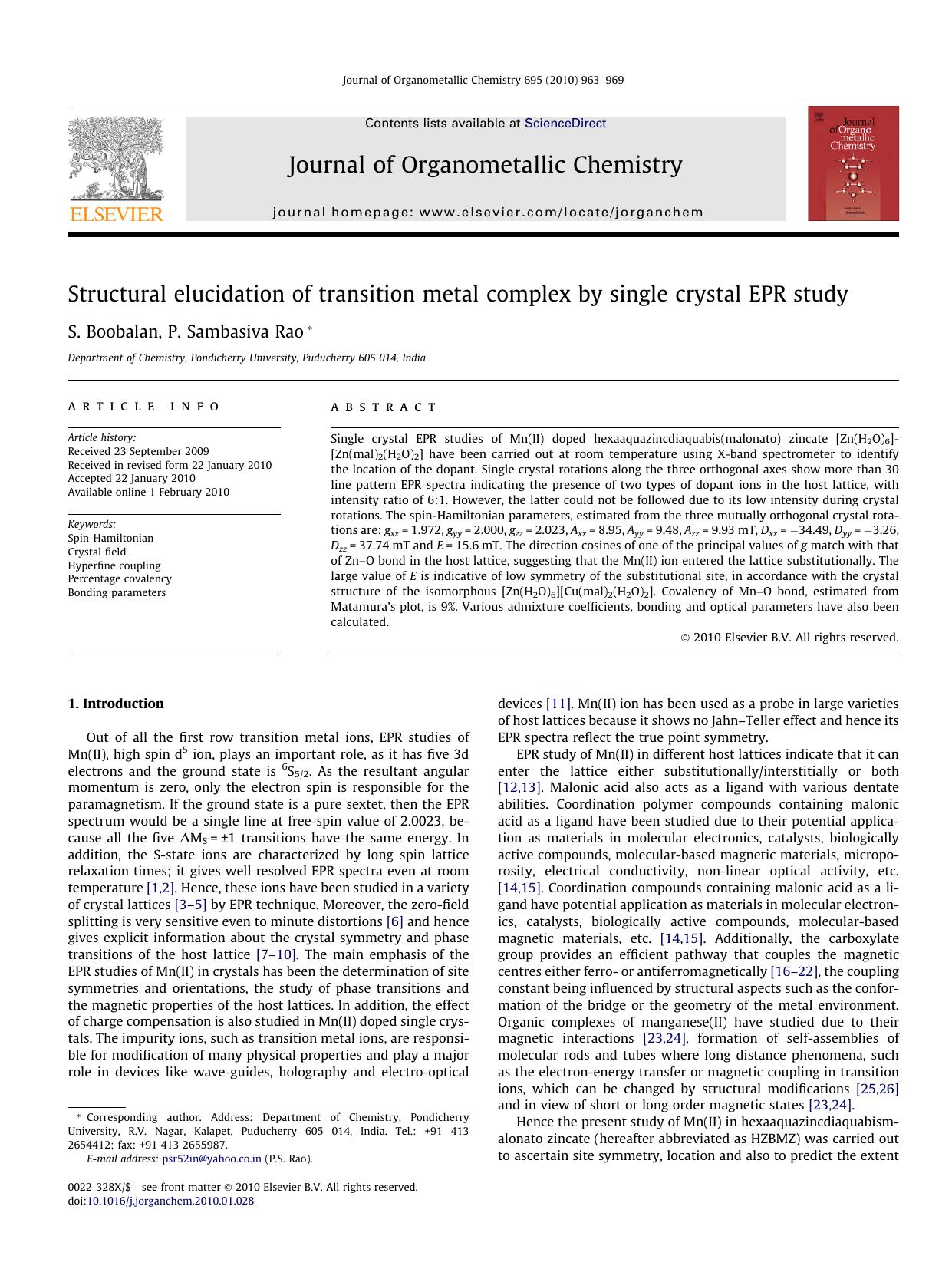 Structural elucidation of transition metal complex by single crystal EPR study by S. Boobalan; P. Sambasiva Rao