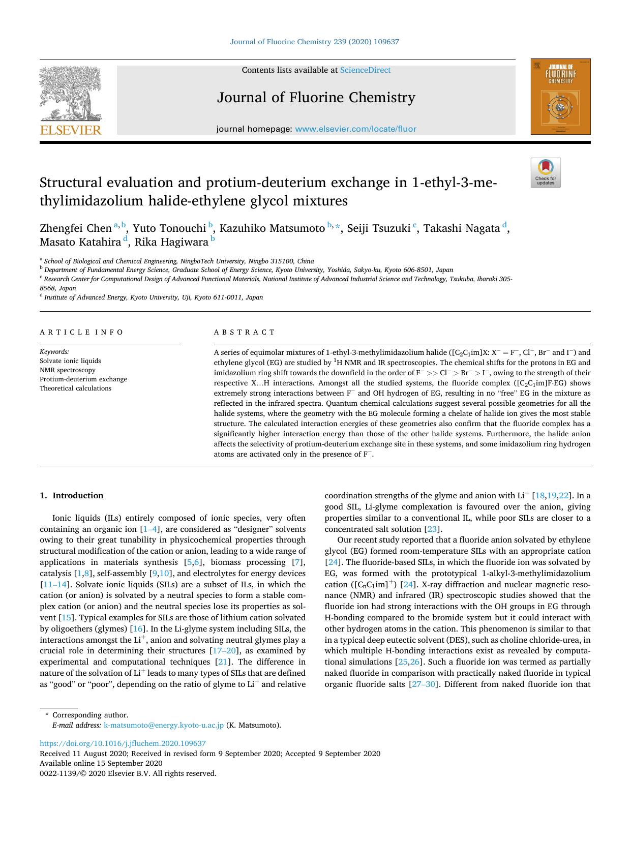 Structural evaluation and protium-deuterium exchange in 1-ethyl-3-methylimidazolium halide-ethylene glycol mixtures by Zhengfei Chen