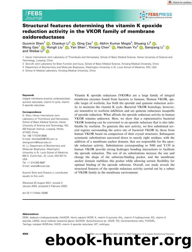 Structural features determining the vitamin K epoxide reduction activity in the VKOR family of membrane oxidoreductases by Unknown