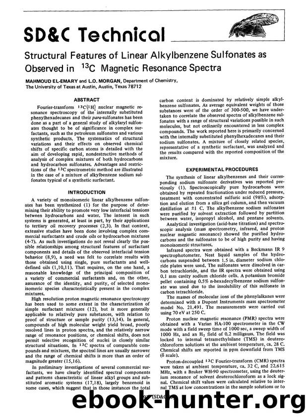 Structural features of linear alkylbenzene sulfonates as observed in <Superscript>13 <Superscript>C magnetic resonance spectra by Unknown