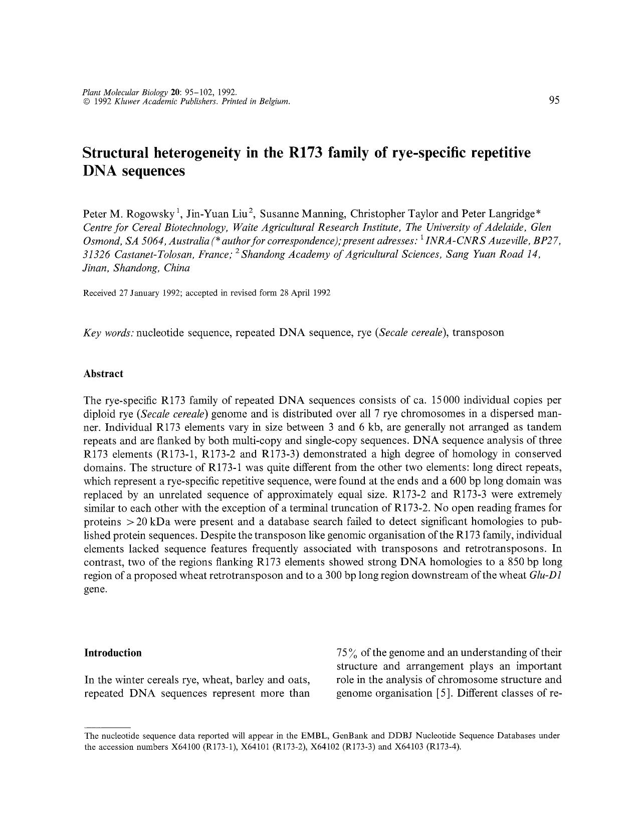 Structural heterogeneity in the R173 family of rye-specific repetitive DNA sequences by Unknown