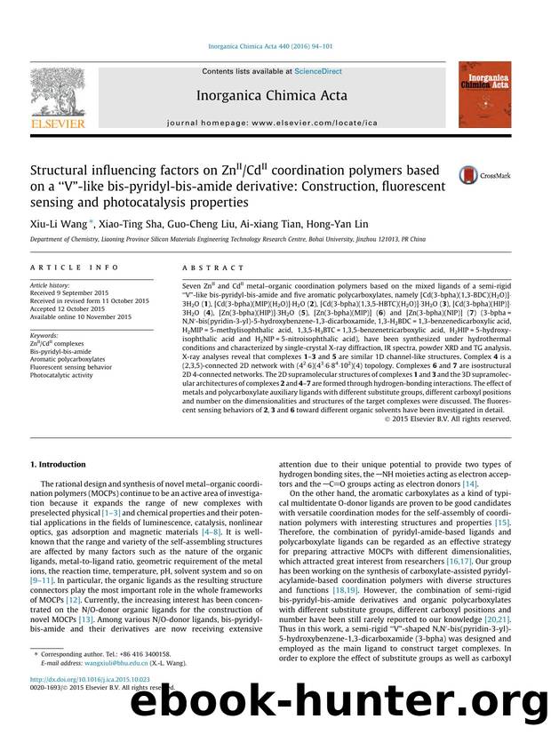 Structural influencing factors on ZnIICdII coordination polymers based on a âVâ-like bis-pyridyl-bis-amide derivative: Construction, fluorescent sensing and photocatalysis properties by Xiu-Li Wang & Xiao-Ting Sha & Guo-Cheng Liu & Ai-xiang Tian & Hong-Yan Lin