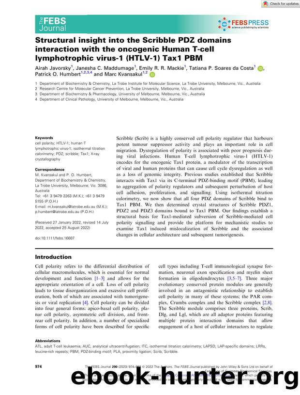 Structural insight into the Scribble PDZ domains interaction with the oncogenic Human Tâcell lymphotrophic virusâ1 (HTLVâ1) Tax1 PBM by Unknown