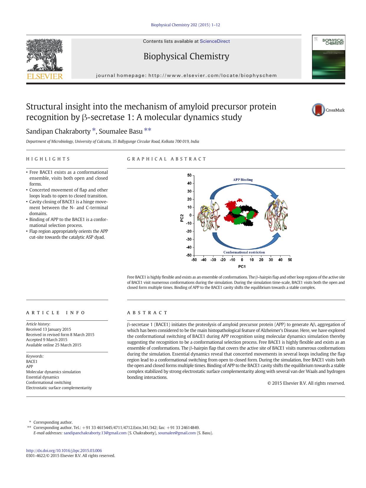 Structural insight into the mechanism of amyloid precursor protein recognition by β-secretase 1: A molecular dynamics study by Sandipan Chakraborty & Soumalee Basu