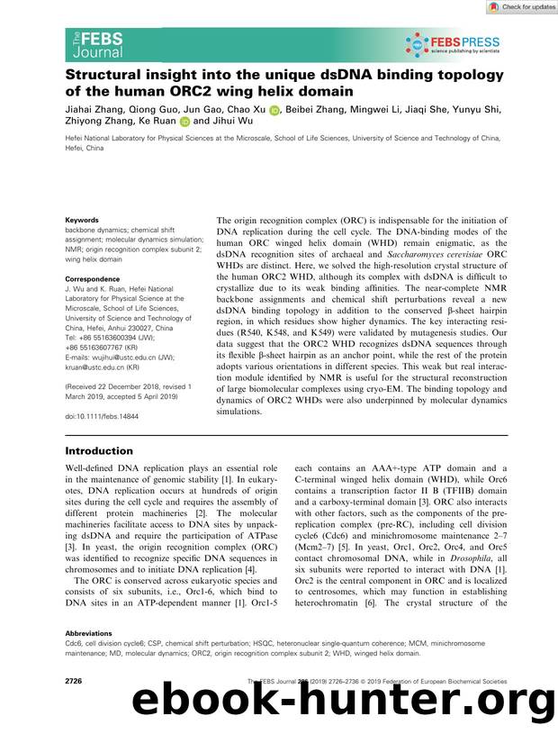 Structural insight into the unique dsDNA binding topology of the human ORC2 wing helix domain by Unknown