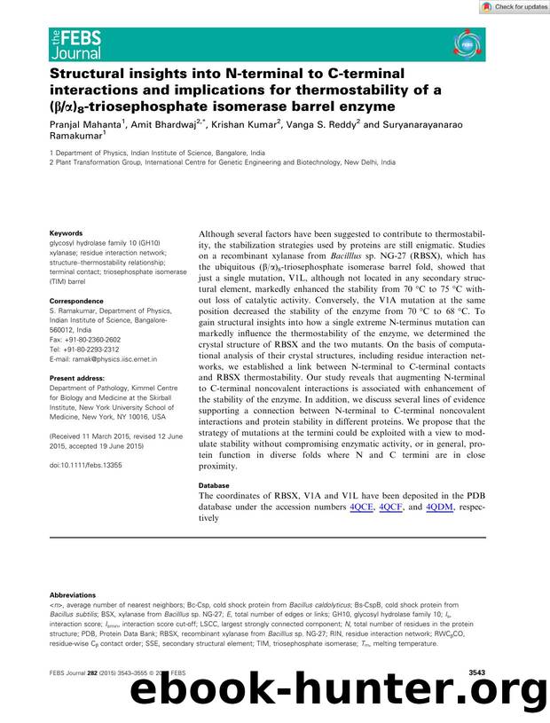 Structural insights into Nâterminal to Câterminal interactions and implications for thermostability of a (Î²Î±)8âtriosephosphate isomerase barrel enzyme by Unknown