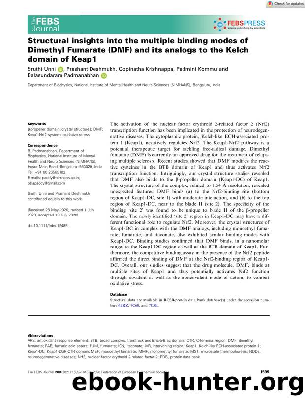 Structural insights into the multiple binding modes of Dimethyl Fumarate (DMF) and its analogs to the Kelch domain of Keap1 by Unknown