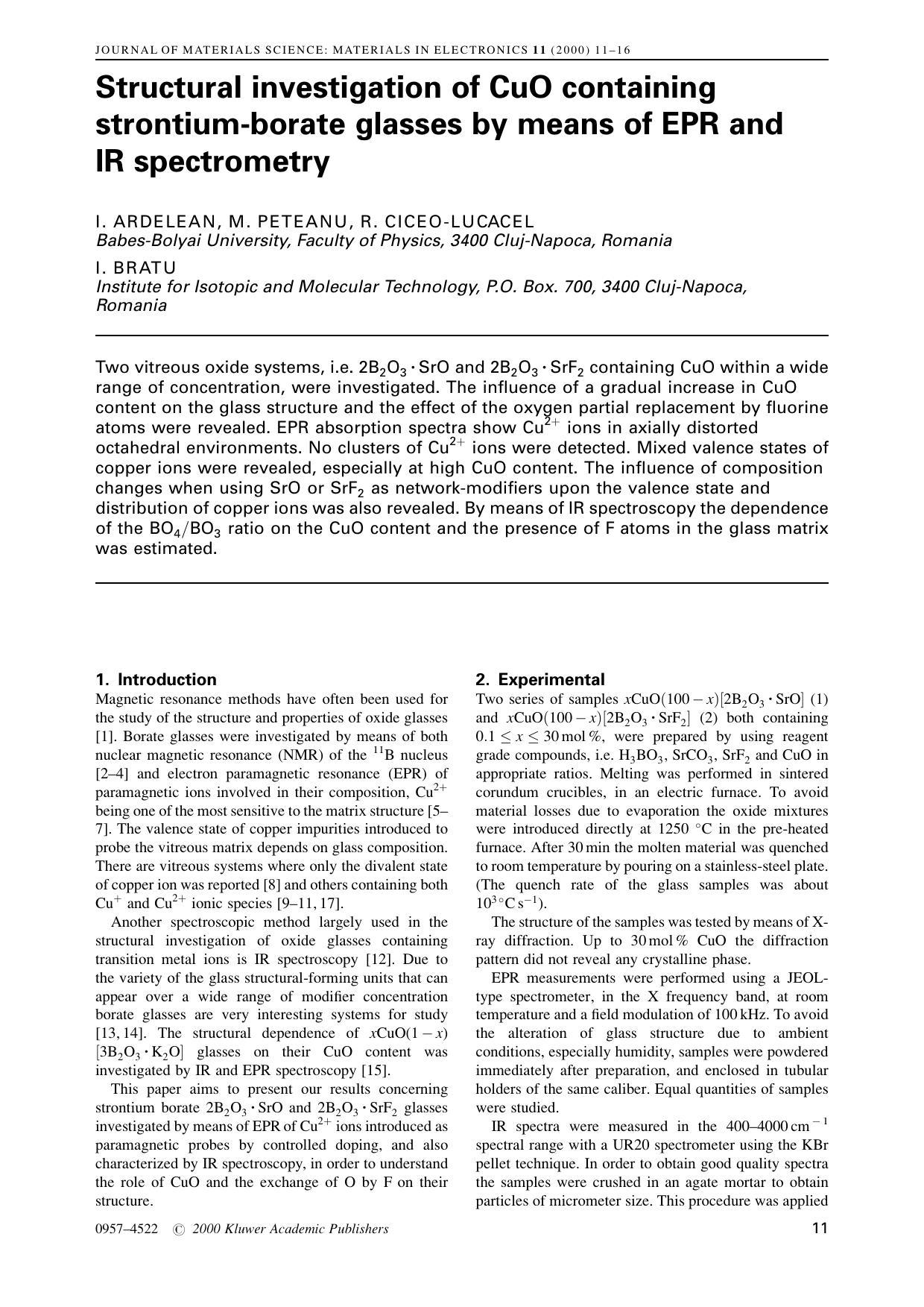 Structural investigation of CuO containing strontium-borate glasses by means of EPR and IR spectrometry by Unknown