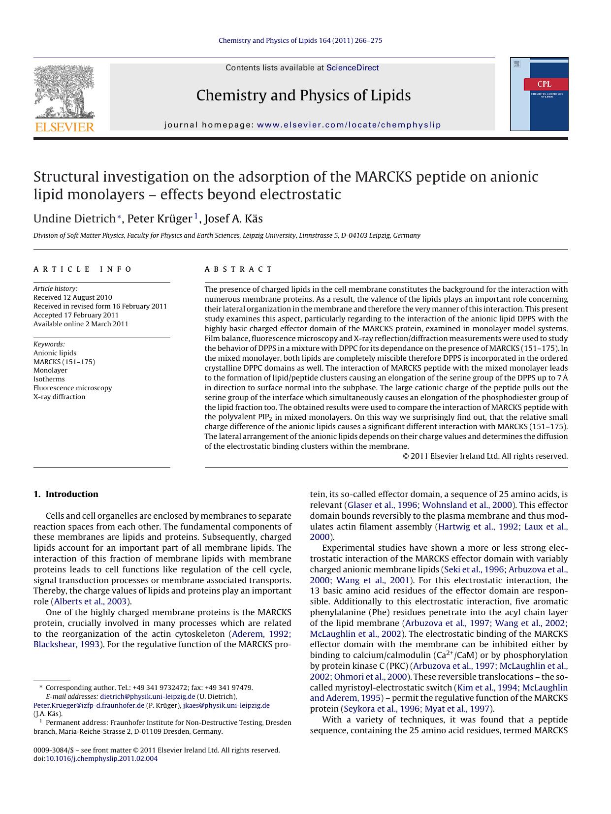 Structural investigation on the adsorption of the MARCKS peptide on anionic lipid monolayers Ã¢â¬â effects beyond electrostatic by Undine Dietrich