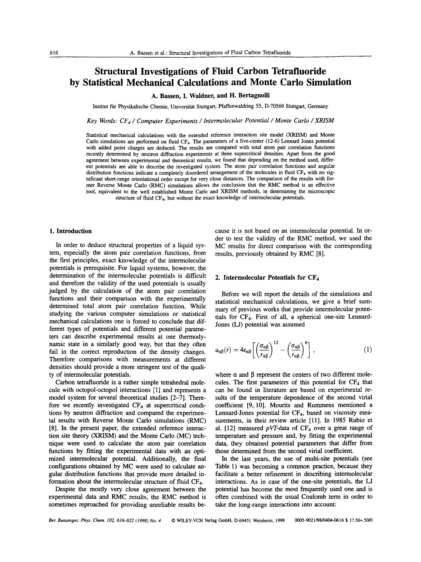 Structural investigations of fluid carbon tetrafluoride by statistical mechanical calculations and Monte Carlo simulation by Unknown