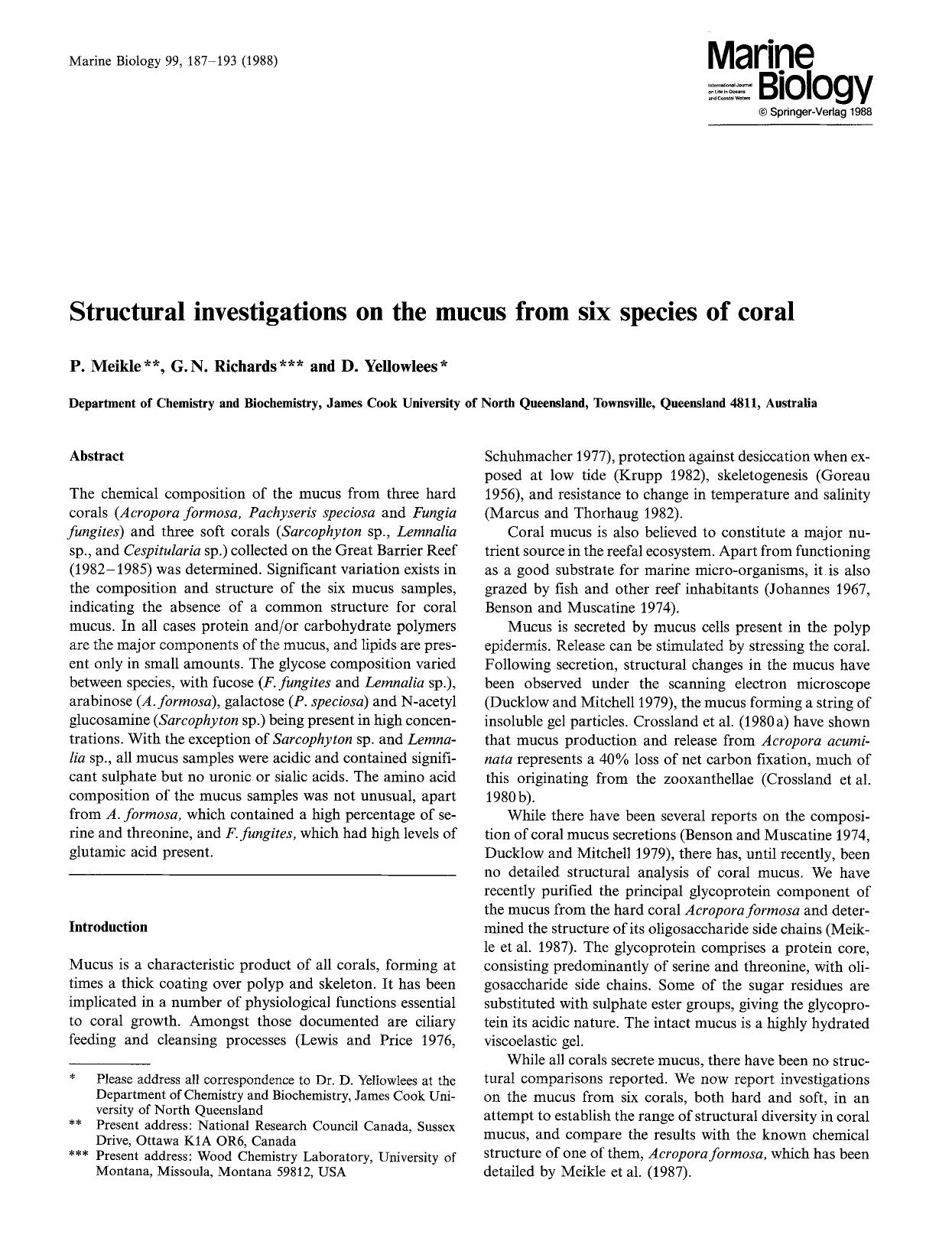 Structural investigations on the mucus from six species of coral by Unknown