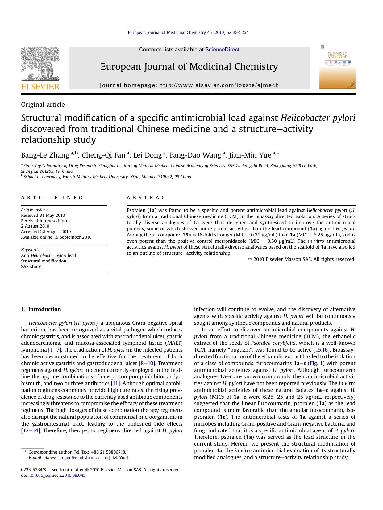 Structural modification of a specific antimicrobial lead against Helicobacter pylori discovered from traditional Chinese medicine and a structure-activity relationship study by Bang-Le Zhang & Cheng-Qi Fan & Lei Dong & Fang-Dao Wang & Jian-Min Yue