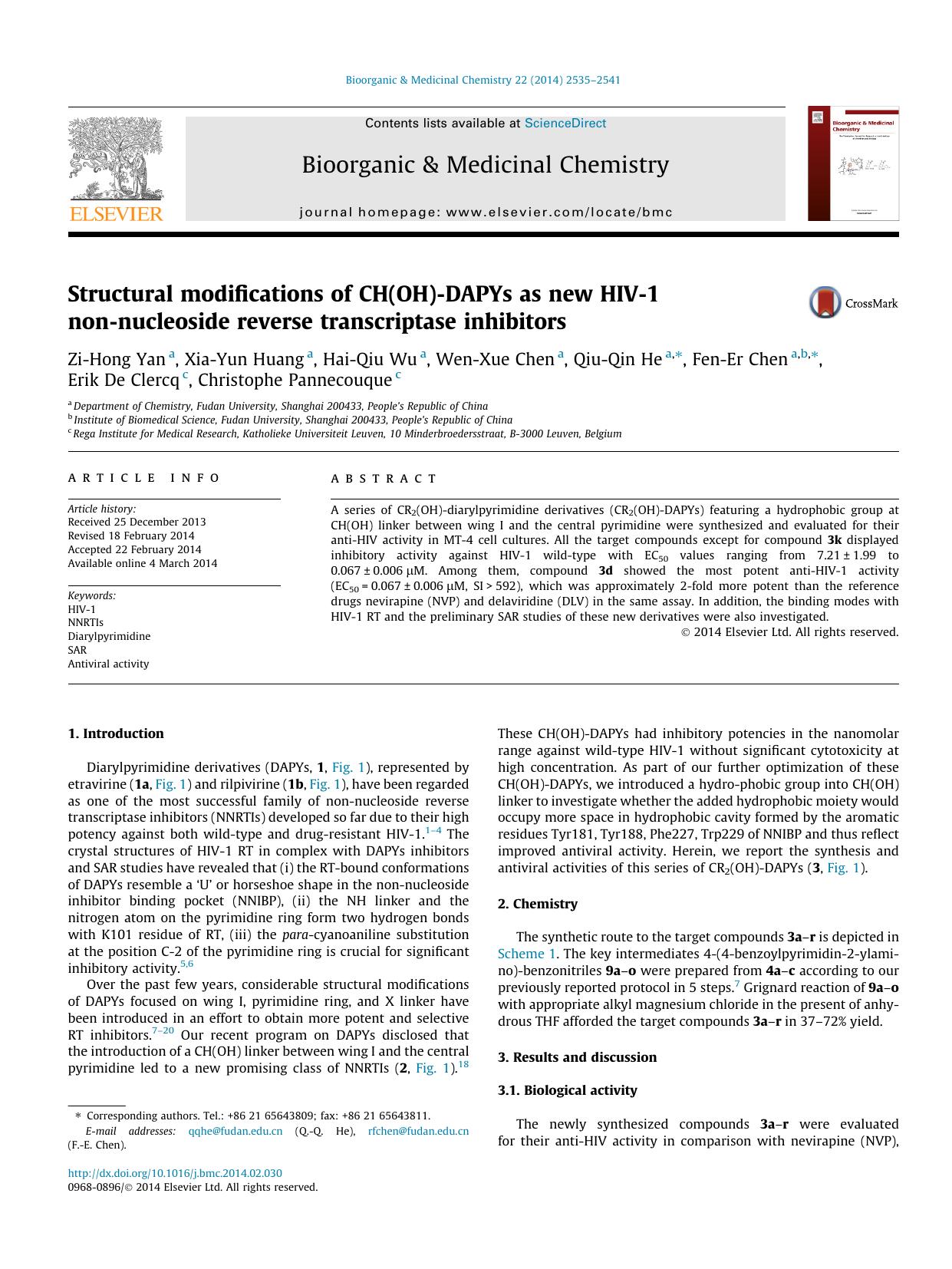 Structural modifications of CH(OH)-DAPYs as new HIV-1 non-nucleoside reverse transcriptase inhibitors by unknow